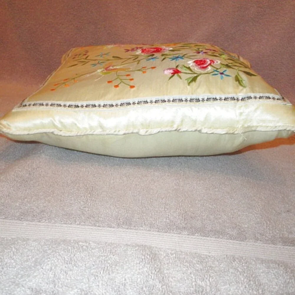 Vtg Floral Embroidered Satin Throw Pillow Cottagecore Boudoir Regency Old Money